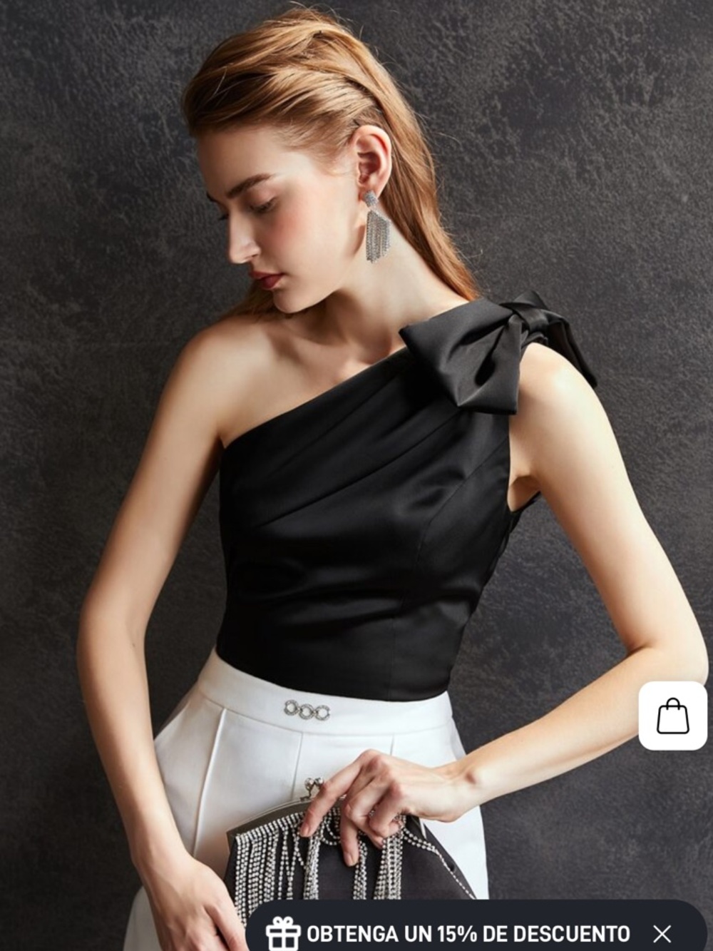 Motf black bow shoulder asymmetrical neck sleeveless blouse top small EUC